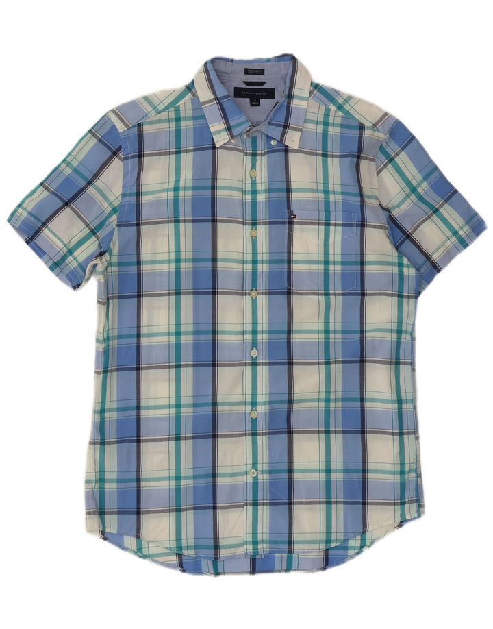 Tommy Hilfiger Herren Kurzarm-Hemd mit individueller Passform, mittelblau karierte Baumwolle