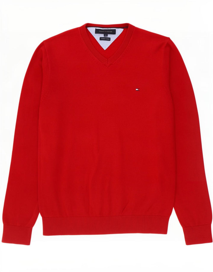 Tommy Hilfiger Herren-Pullover mit V-Ausschnitt aus mittelroter Baumwolle