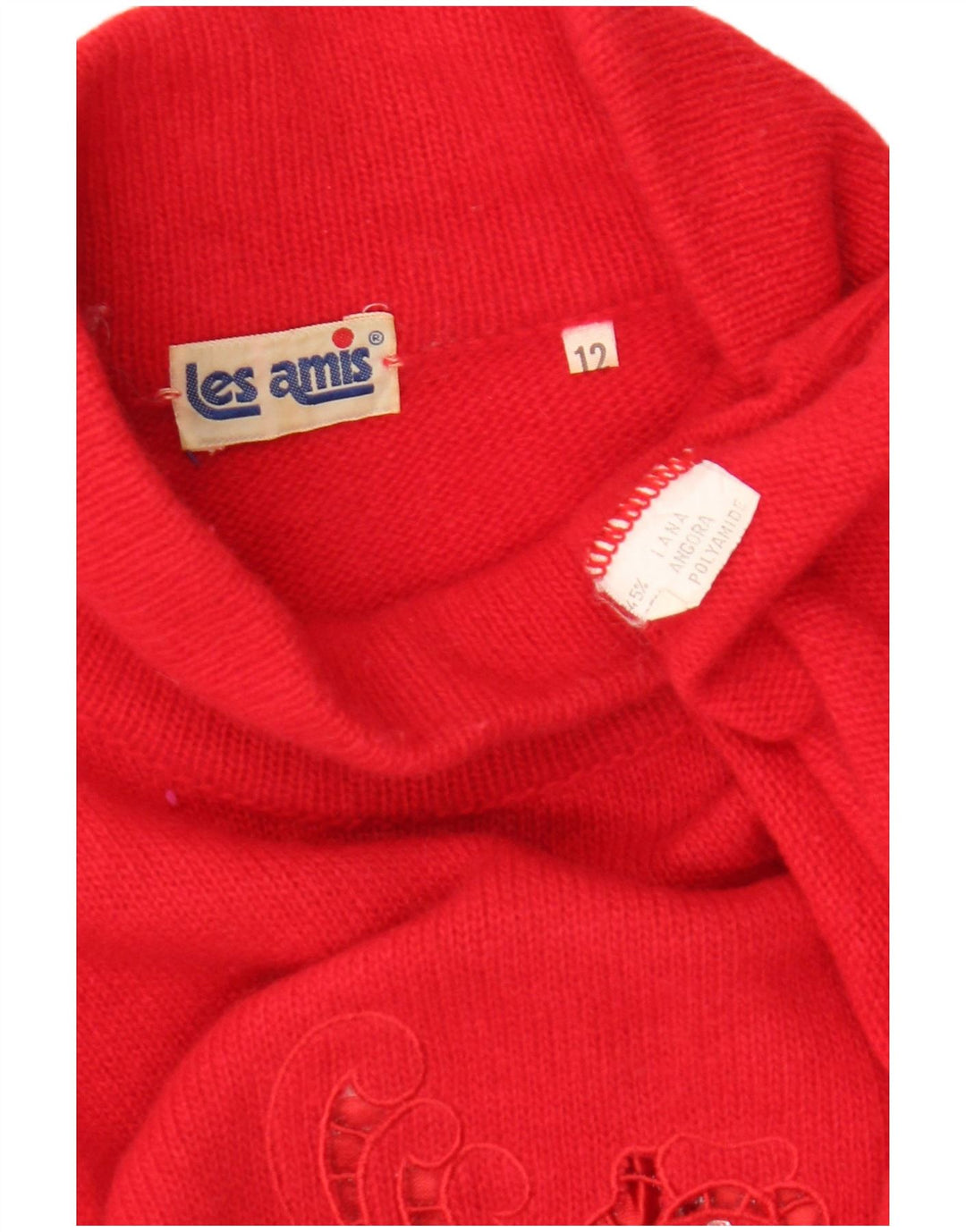 Vintage Damen Rollkragenpullover Pullover UK 12 Mittelrote Wolle mit Blumenmuster
