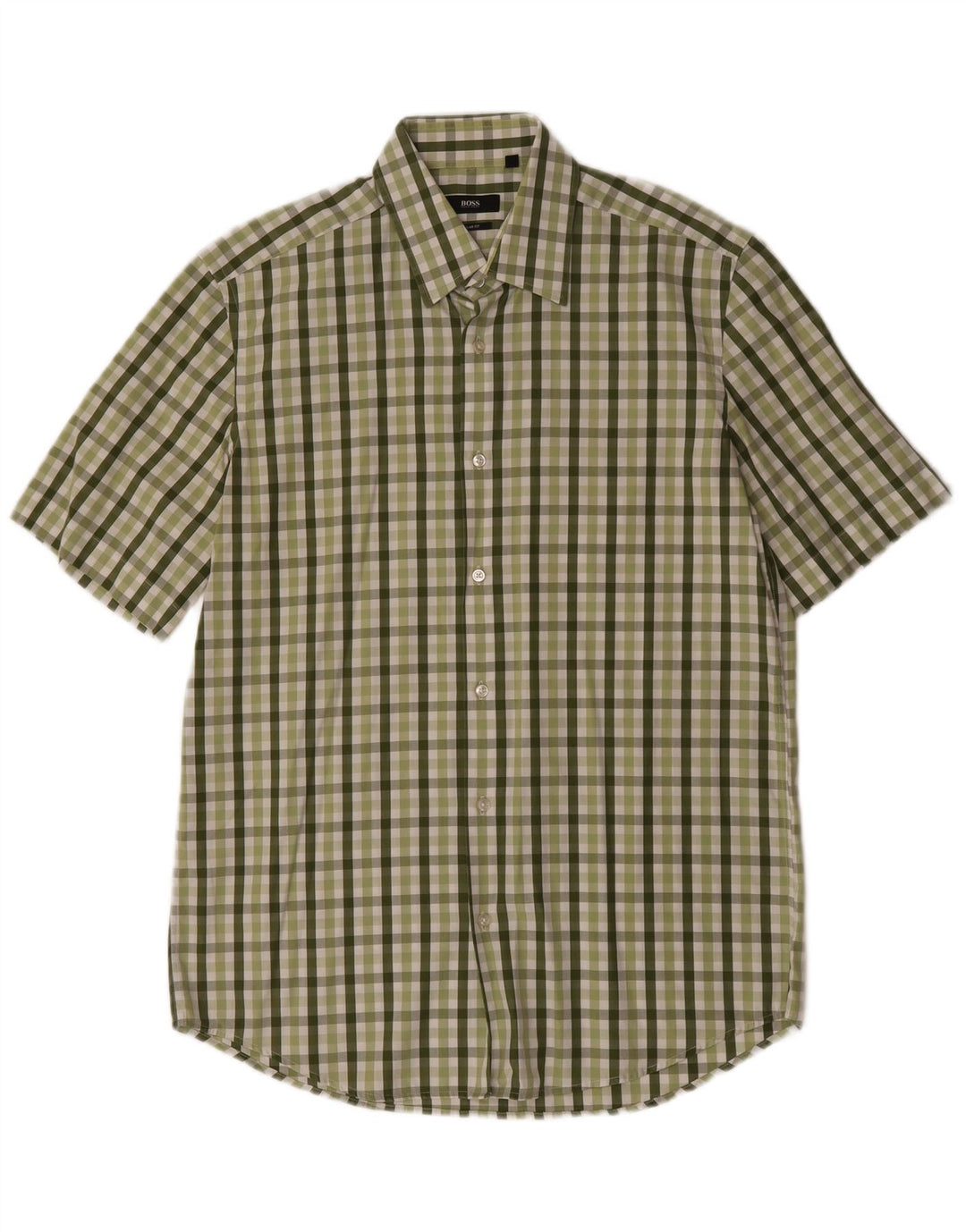 Hugo Boss Herren Kurzarmhemd Größe 40 15 3/4 Mittelgrüner Gingham