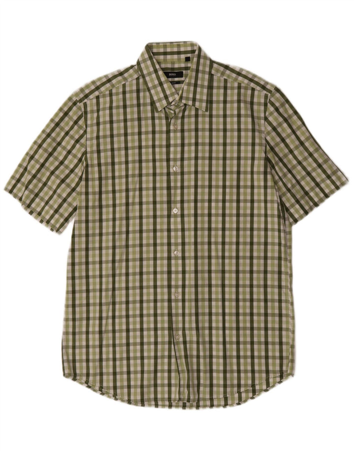 Hugo Boss Herren Kurzarmhemd Größe 40 15 3/4 Mittelgrüner Gingham