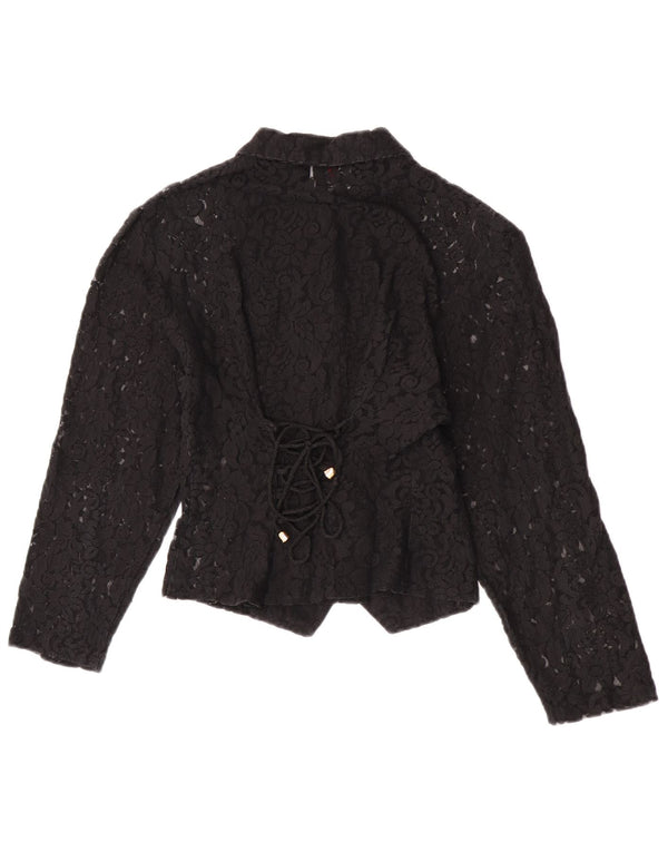 Vintage Damen Crop See Through Hemdbluse UK 4 XS Schwarz geblümt