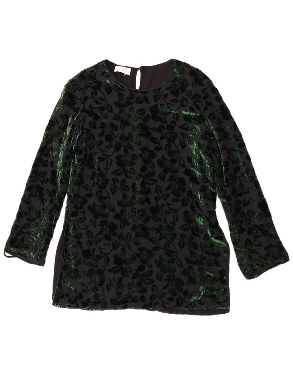 Vintage Damen Langarm-Samtblusenoberteil UK 12 Mittelschwarz geblümt