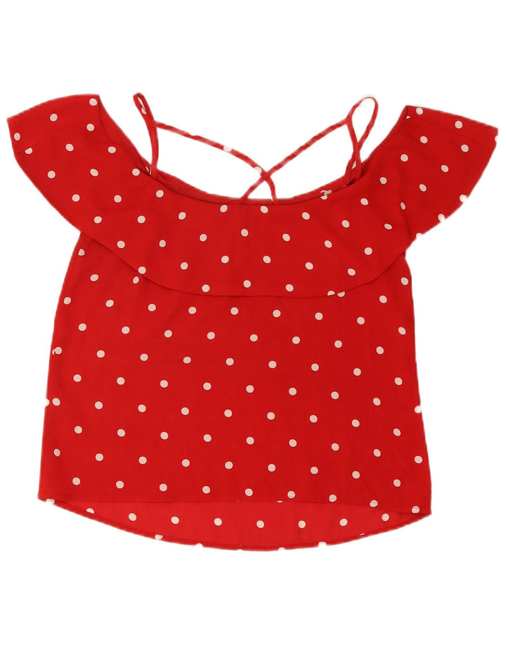Oasis Damen Crop Off Shoulder Bluse Top UK 12 Mittelrot gepunktet