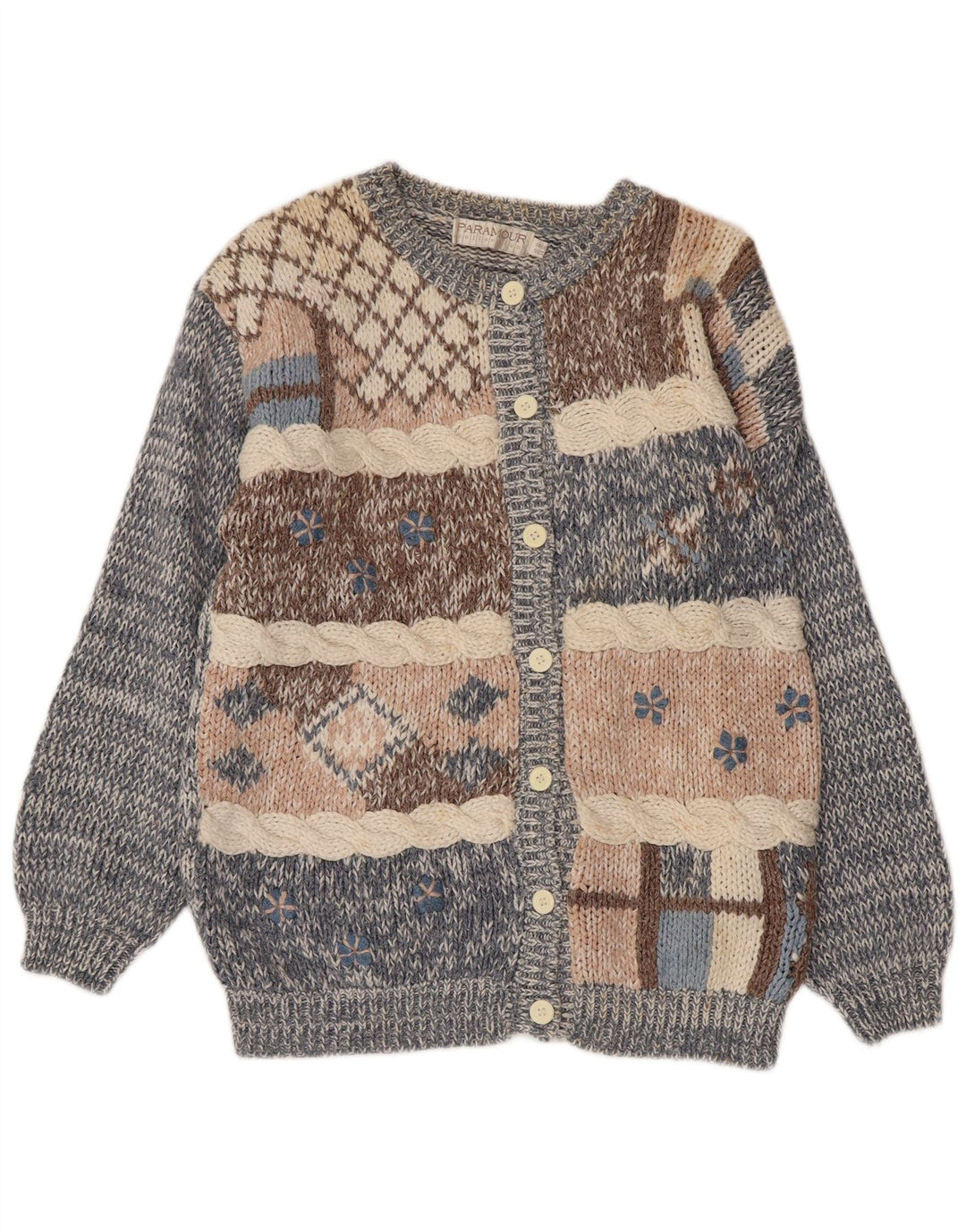 PARAMOUR Damen-Strickjacke, Einheitsgröße, blauer Patchwork-Ramie