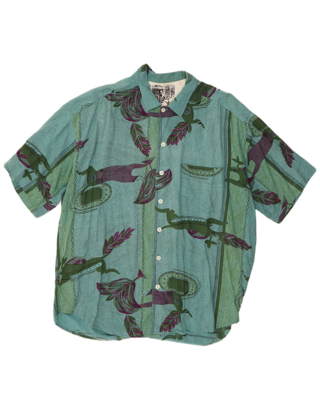 Vintage Herren-Kurzarmshirt mit abstraktem Muster, XL, grüne Viskose