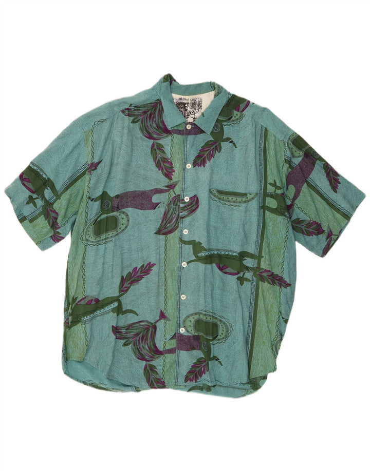 Vintage Herren-Kurzarmshirt mit abstraktem Muster, XL, grüne Viskose