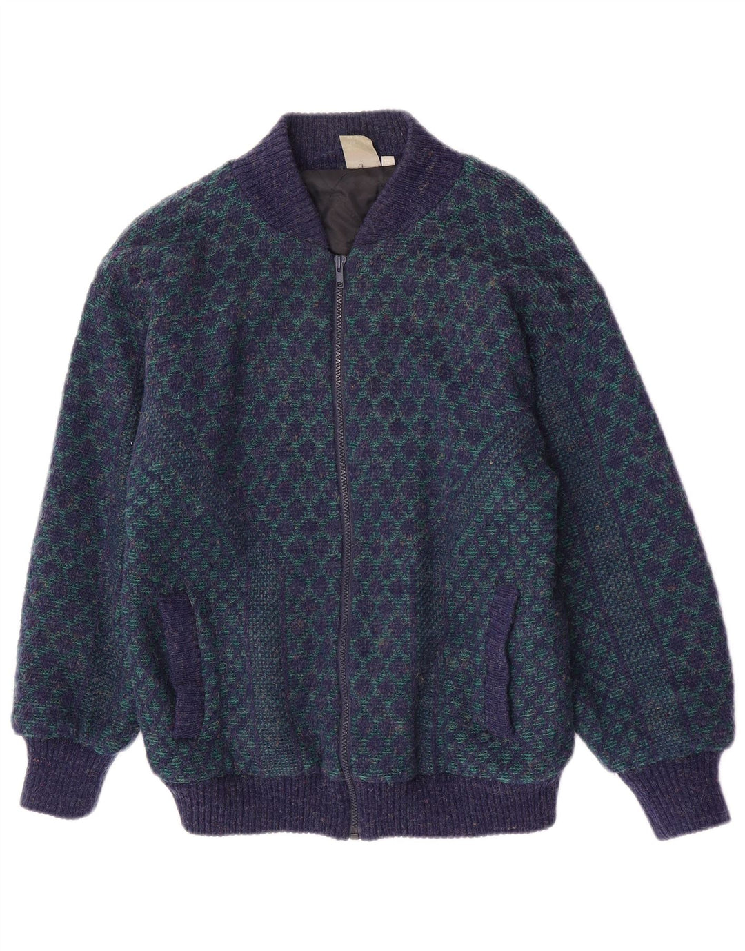 Vintage Herren Strick Bomberjacke UK 38 Mittelblau Geometrisch Acryl Retro