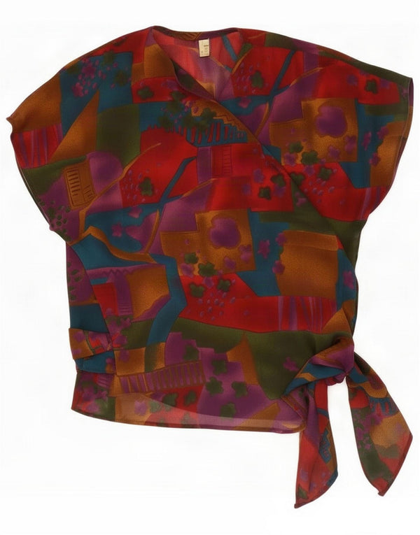 Vintage Damen Kurzarm-Wickelblusenoberteil UK 16 Large Red Geometrisch