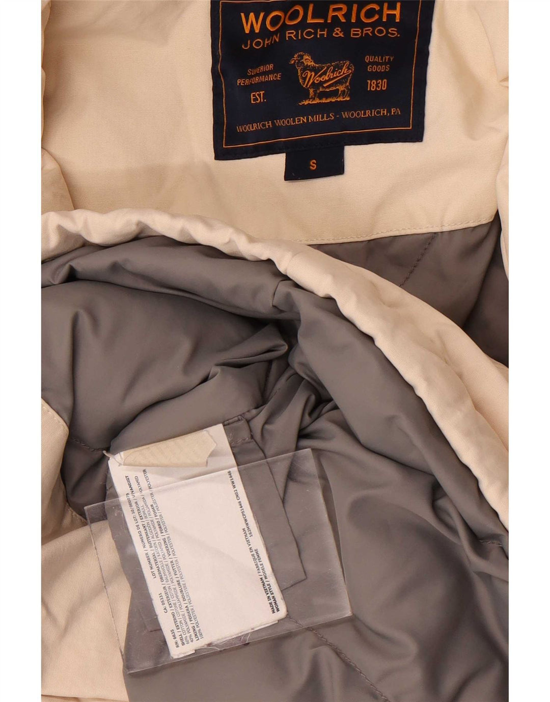 Woolrich Wattierte Damenjacke mit Kapuze, UK 10, Größe S, cremefarbene Baumwolle