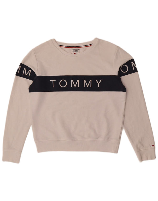 Tommy Hilfiger Damen-Sweatshirt-Pullover UK 14 Mittelweiß Farbblock