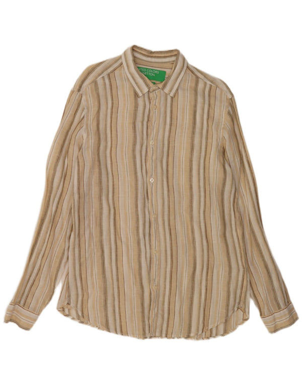 Benetton Herrenhemd Mittelbeige gestreiftes Leinen
