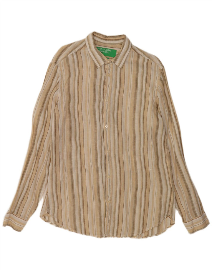 Benetton Herrenhemd Mittelbeige gestreiftes Leinen