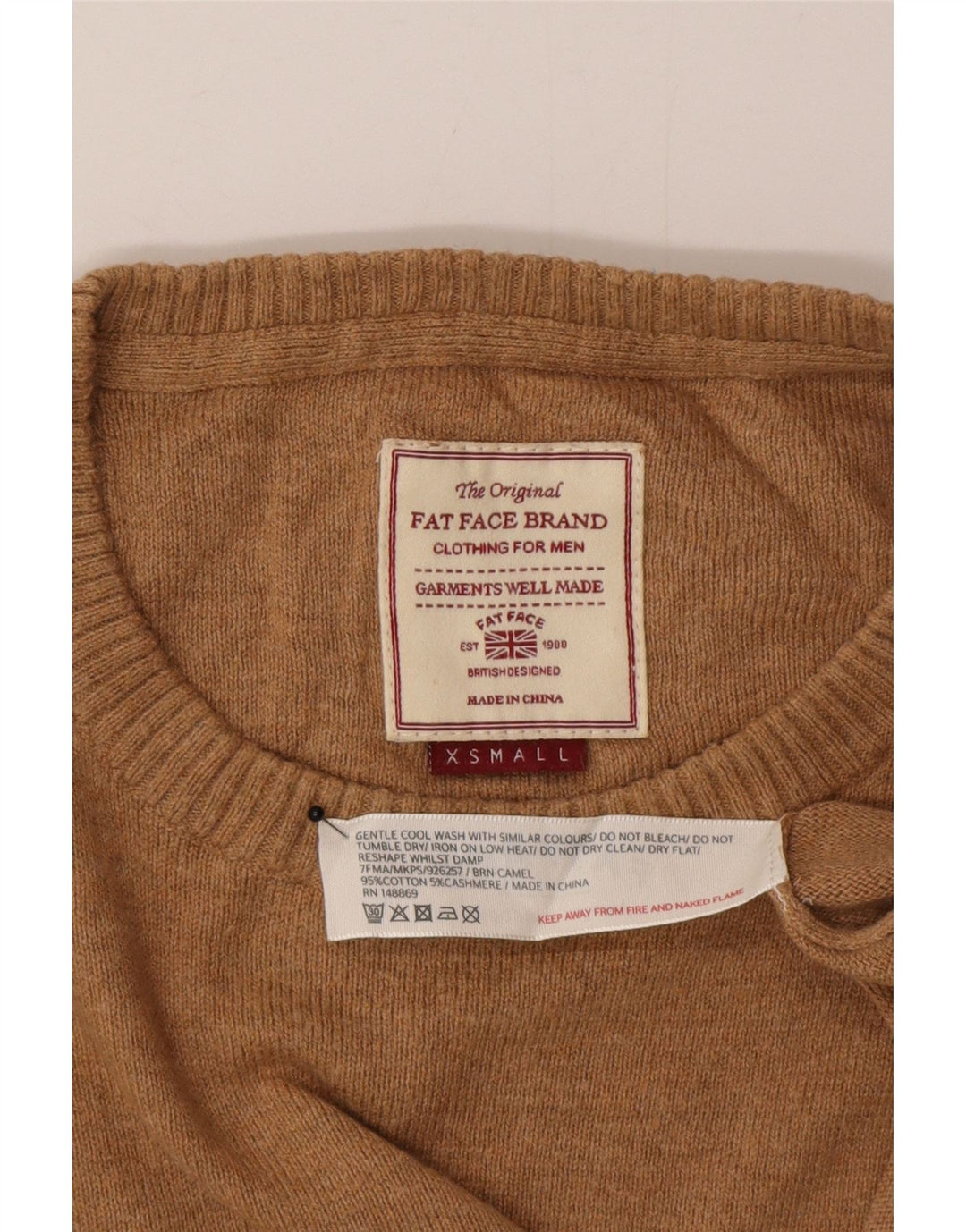 Fat Face Herren-Pullover mit Rundhalsausschnitt, XS, braune Baumwolle