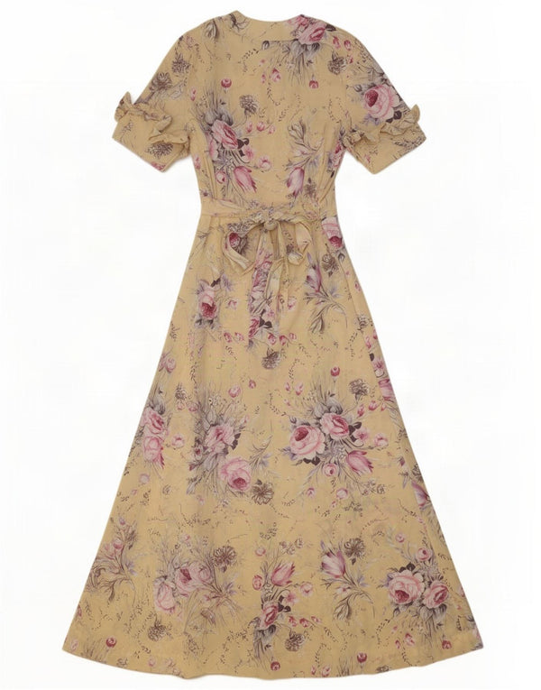 Vintage Damen Maxikleid mit Rüschen vorne UK 16 Großes gelbes Blumenmuster
