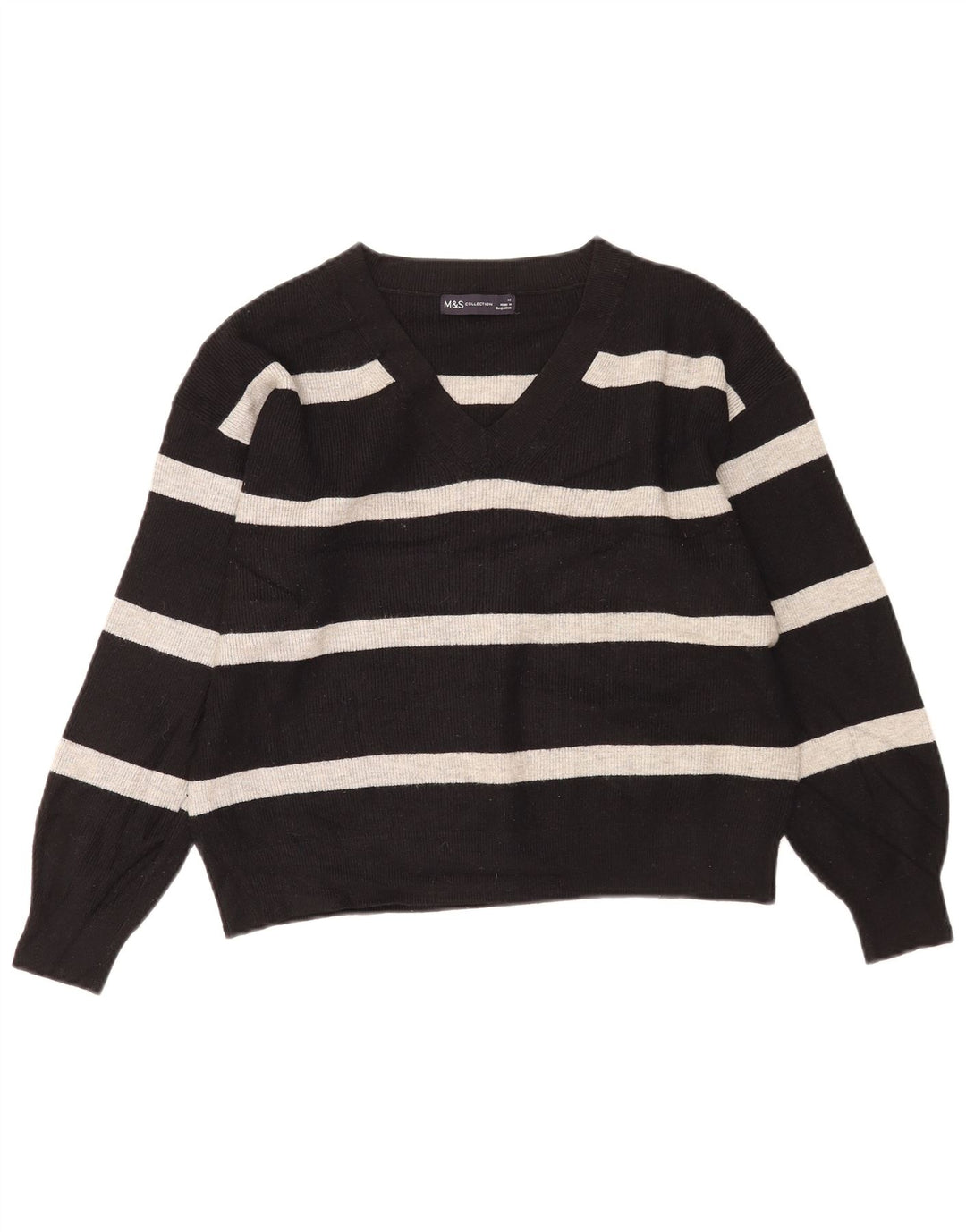 Marks & Spencer Damen-Pullover mit V-Ausschnitt, Gr. 14, mittelschwarz gestreift