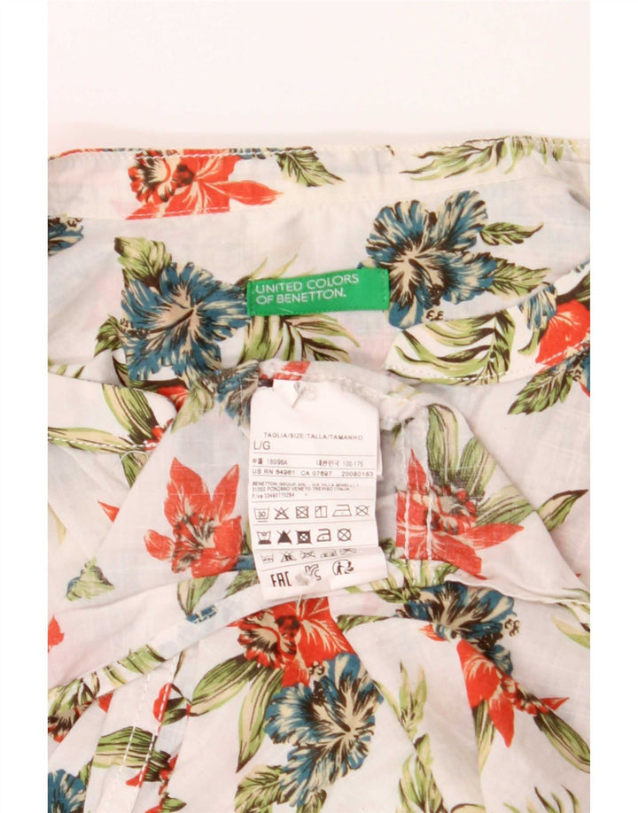 Benetton Herrenhemd, groß, weiße Baumwolle mit Blumenmuster