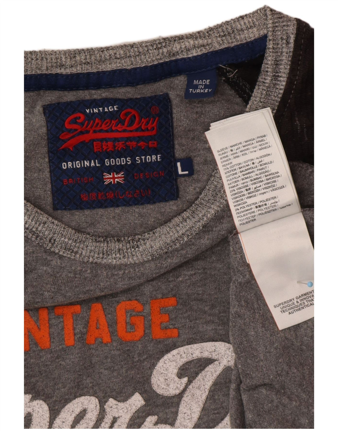 SUPERDRY Grafisches T-Shirt-Oberteil für Herren, groß, graue Farbblock-Baumwolle