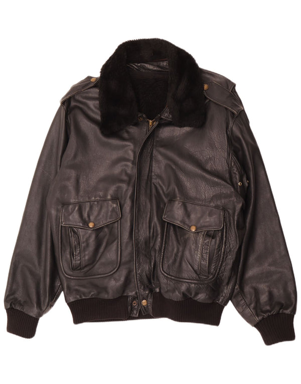 Vintage Herren Militärlederjacke IT 56 3XL Schwarzes Leder