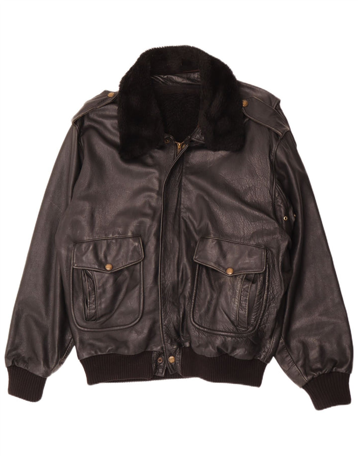 Vintage Herren Militärlederjacke IT 56 3XL Schwarzes Leder