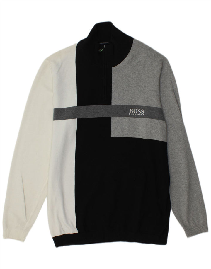 HUGO BOSS Herren-Pullover mit normaler Passform und Reißverschluss, XL, Schwarz, Farbblock