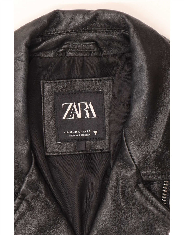 Zara Damen Leder Bikerjacke UK 12 Medium Schwarz