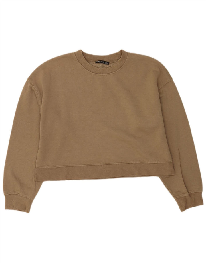 Zara Damen Crop Sweatshirt Pullover UK 14 Mittelbeige Baumwolle
