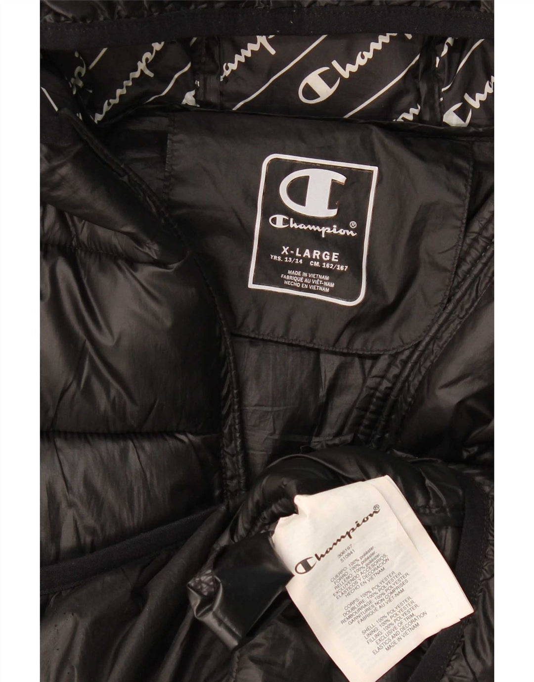 Champion wattierte Jungenjacke mit Kapuze, 13–14 Jahre, XL, schwarzes Polyester
