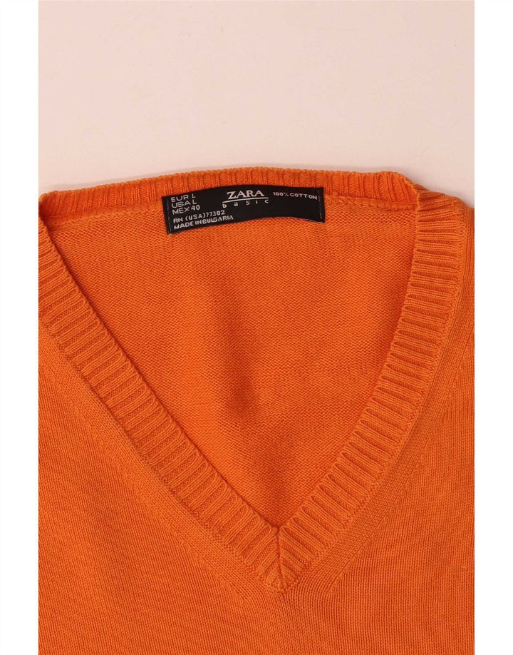 Zara Herren-Pullover mit V-Ausschnitt, groß, orange Baumwolle