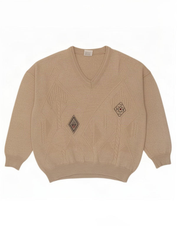 Signe Incognito Mens V-Neck Jumper Sweater IT 56/58 XL Beige Geometric