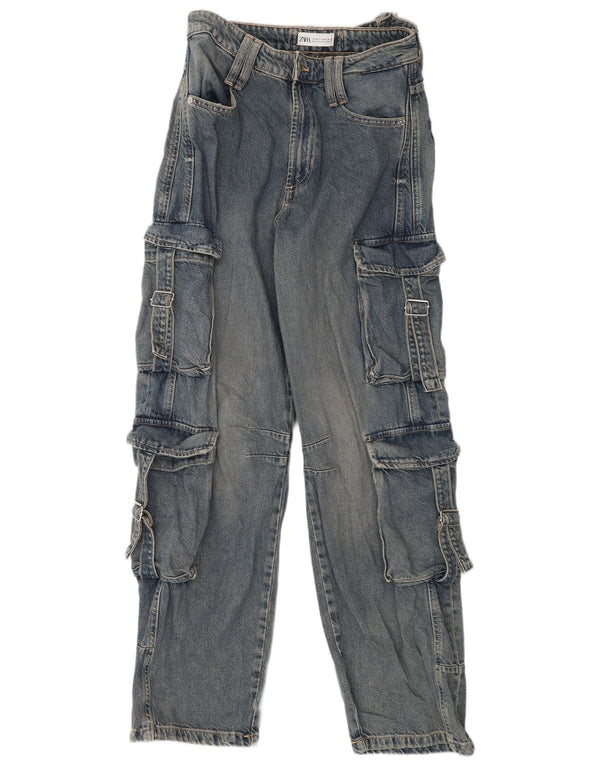 Zara Damen Cargo-Jeans mit hoher Taille, EU 36, XS, B26, L32, blaue Baumwolle
