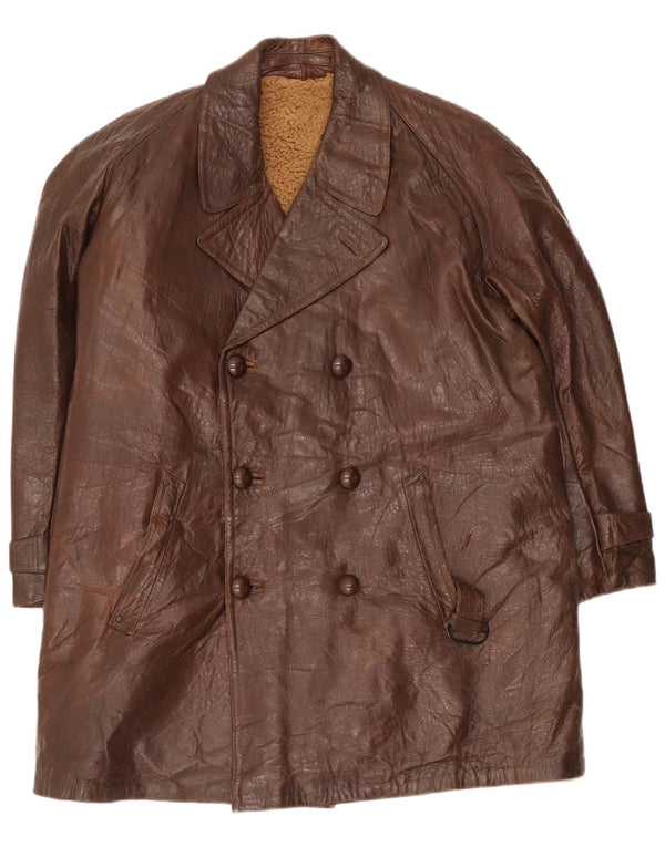 Vintage Herren Leder Zweireiher Mantel UK 38 Mittelbraun