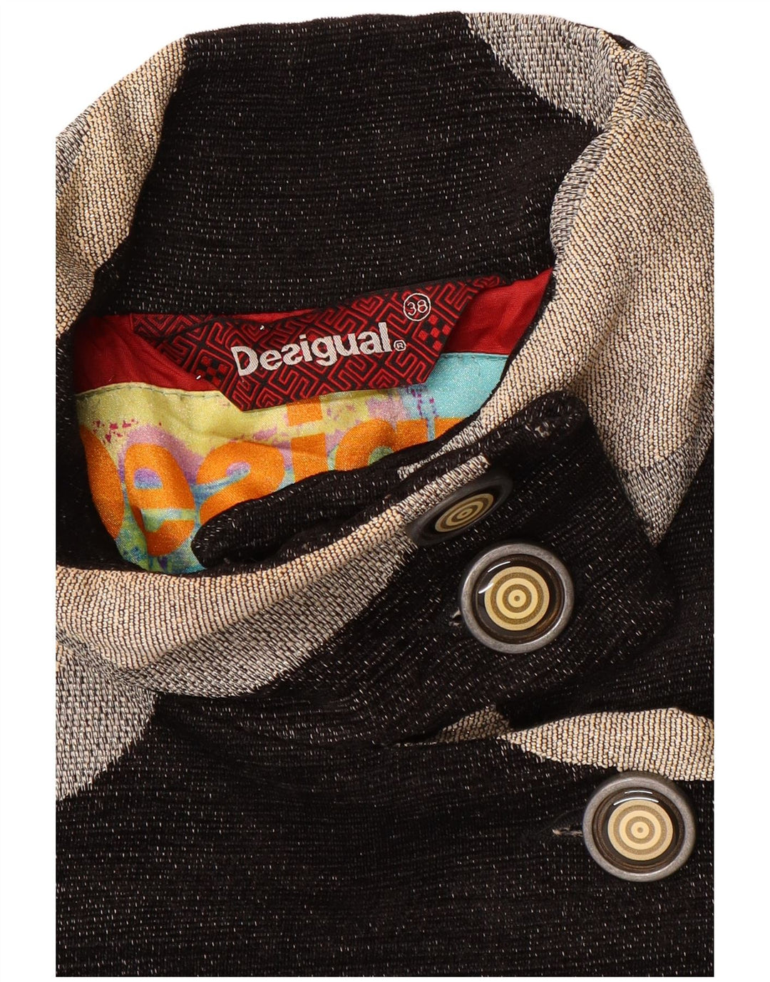 Desigual Damen Mantel EU 38 Mittelschwarzes geometrisches Polyester