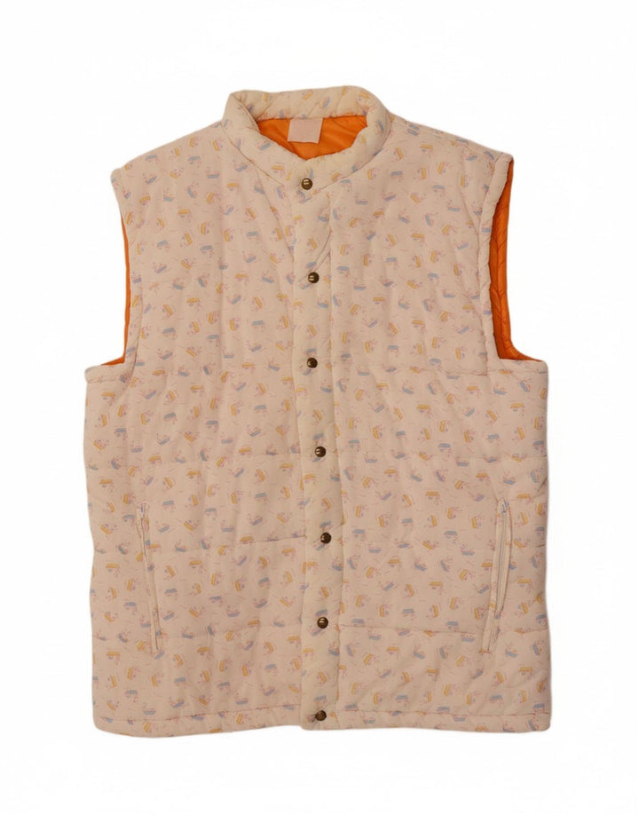 VINTAGE Womens Abstract Pattern Padded Gilet UK 16 Large White Cotton