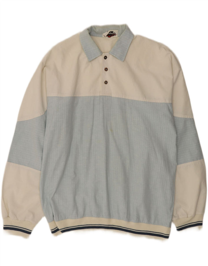 VINTAGE Herren-Langarm-Poloshirt, groß, blaue Farbblock-Baumwolle