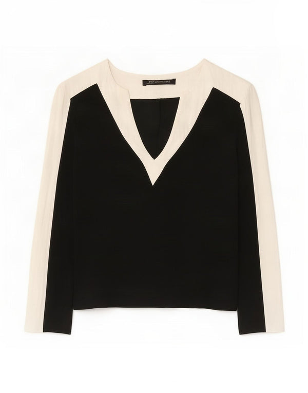 Zara Damen Langarm-Blusenoberteil UK 12 Mittelschwarze Colourblock-Viskose