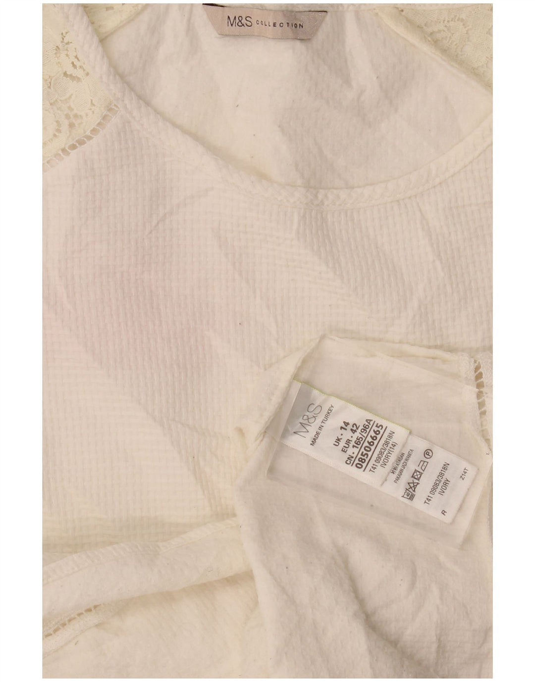 Marks & Spencer Damen-Top, 3/4-Ärmel, UK-Größe 14, Größe L, weiße Baumwolle