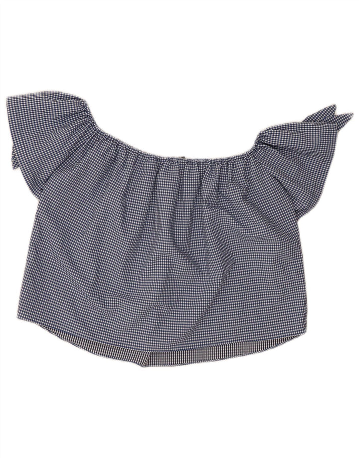 Zara Damen Crop Off Shoulder Top UK 10 Small Marineblau Gingham
