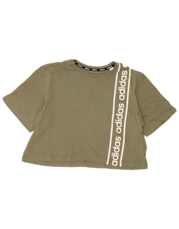 Adidas Damen Crop Graphic T-Shirt Top UK 12/14 Medium Khaki Baumwolle
