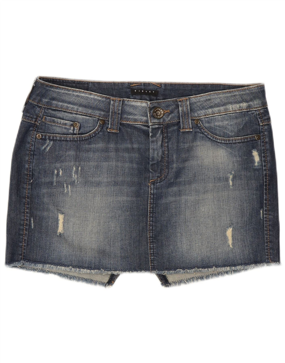 Sisley Damen Distressed Mini Denim Rock W29 Mittelblaue Baumwolle