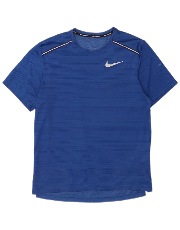 Nike Herren Dri Fit T-Shirt-Oberteil aus mittelblau gestreiftem Polyester