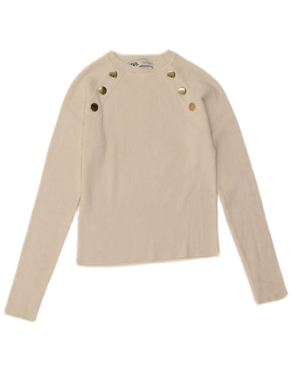 Zara Damen Crop Top Langarm UK 12 Mittelweiß