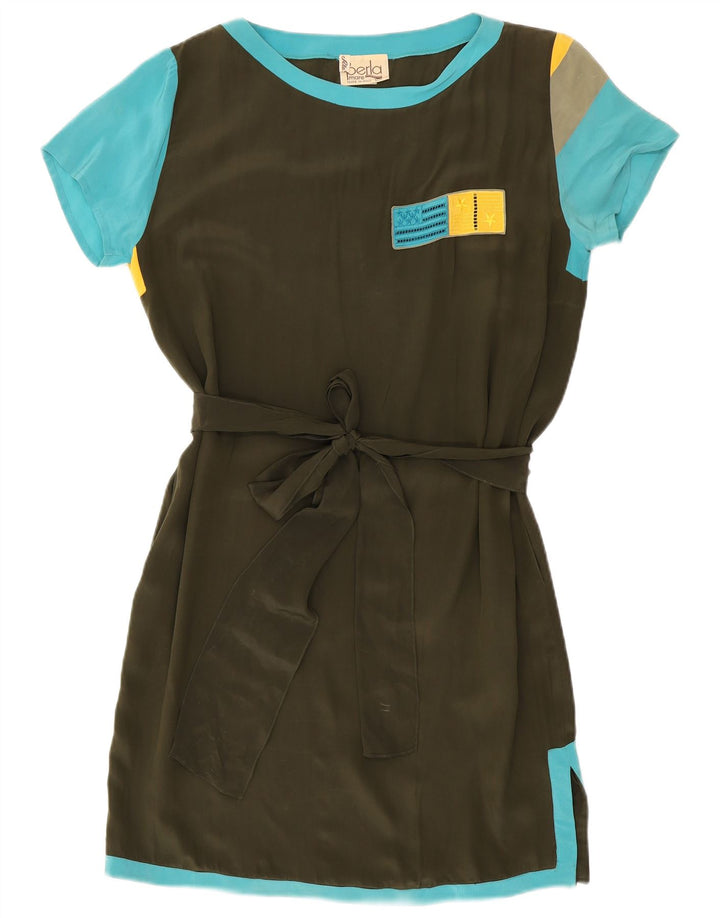 LA PERLA Womens Shift Dress IT 46 Large Khaki Colourblock Silk