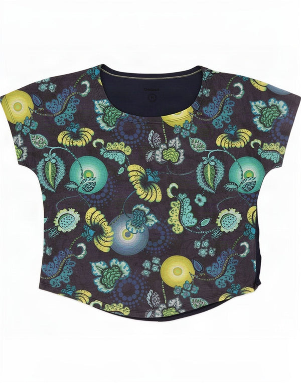Desigual Damen Übergroßes grafisches T-Shirt-Oberteil, UK 14, mittleres Marineblau mit Blumenmuster