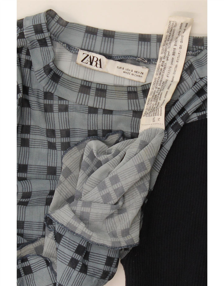 Zara Damen Crop Langarmbluse Top UK 8 Small Marineblau kariert