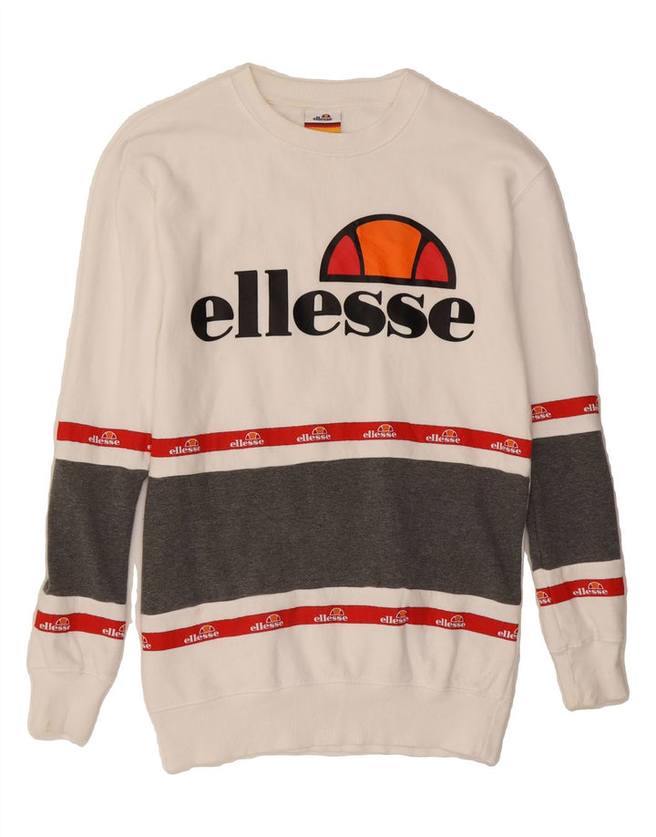 ELLESSE Womens Oversized Sweatshirt Jumper US 2 XS White Colourblock Vintage Ellesse and Second-Hand Ellesse from Messina Hembry 