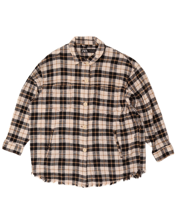 Übergroßes Flanellhemd von Zara für Damen, UK 16, große beige karierte Baumwolle