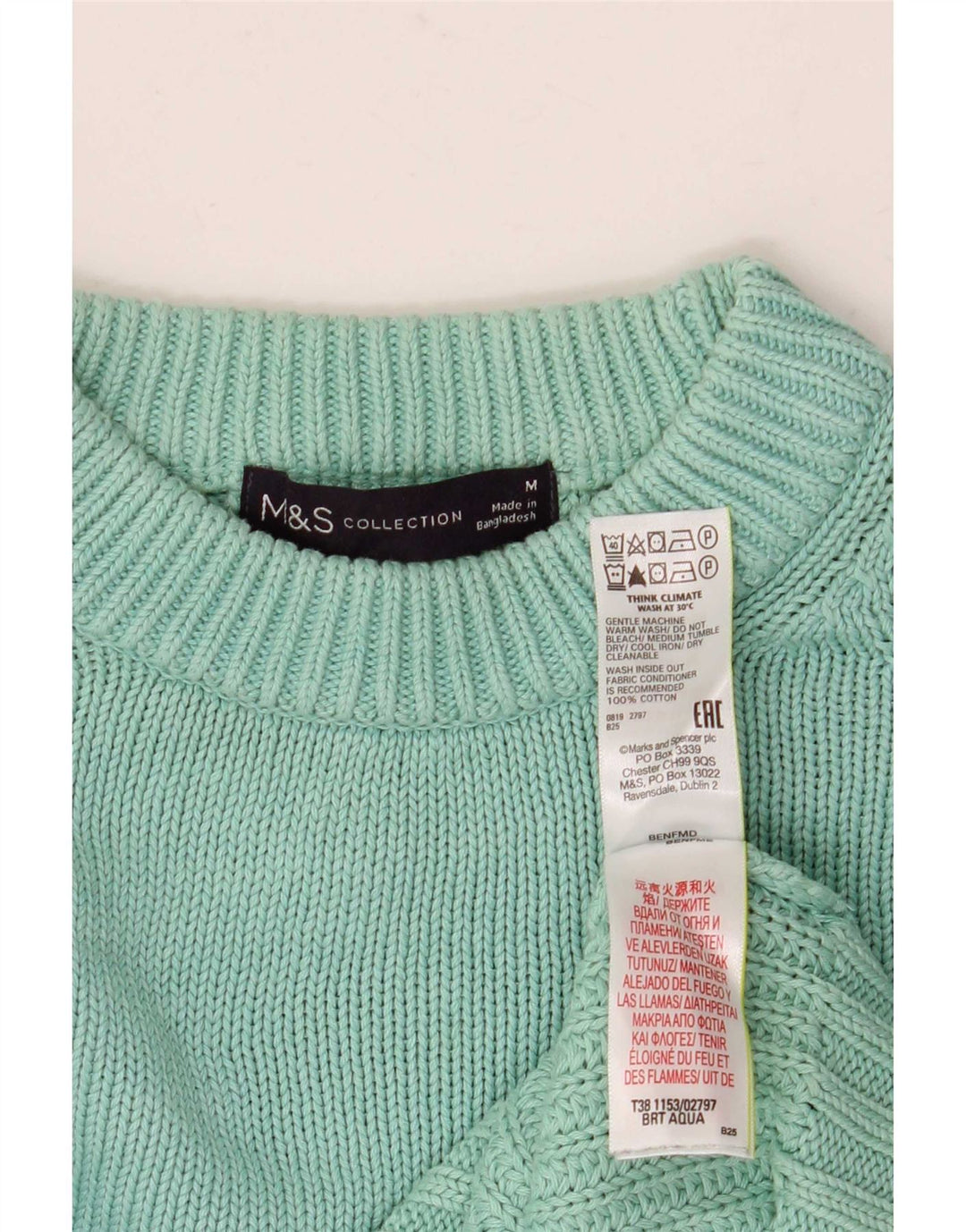 Marks & Spencer Herren-Pullover mit Rundhalsausschnitt, mitteltürkisfarbene Baumwolle