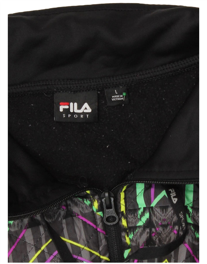Fila Damen-Kapuzenpullover mit Reißverschluss, UK 16, großes, schwarzes, geometrisches Polyester