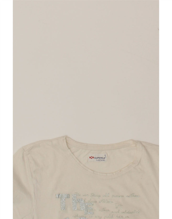 SUPERGA Womens Graphic T-Shirt Top UK 12 Medium Off White Cotton Vintage Superga and Second-Hand Superga from Messina Hembry 